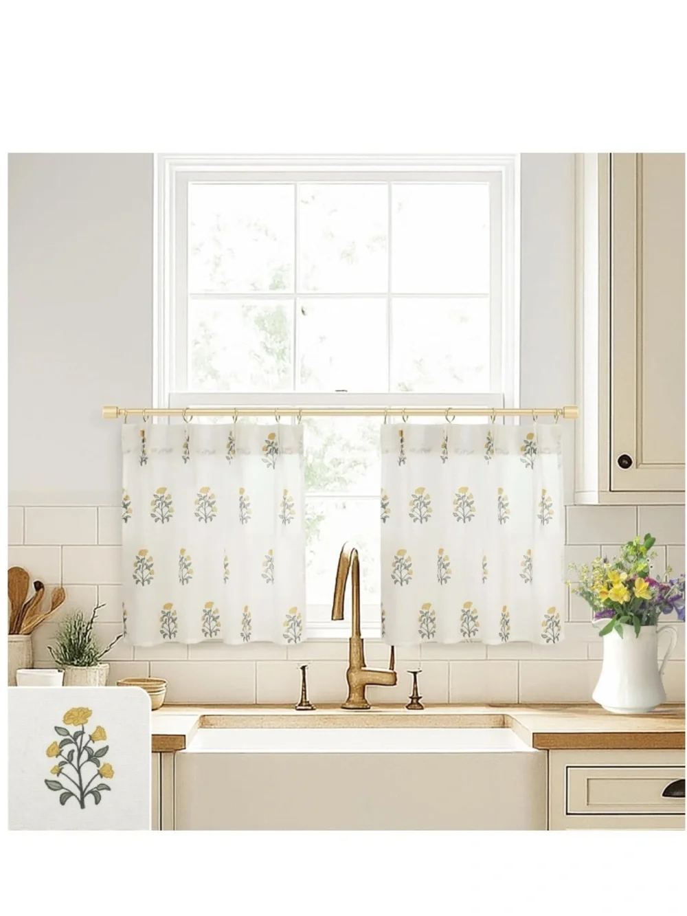 Sunflower Block Print Linen Sheer Mini Curtains 24x18” (2-panels)